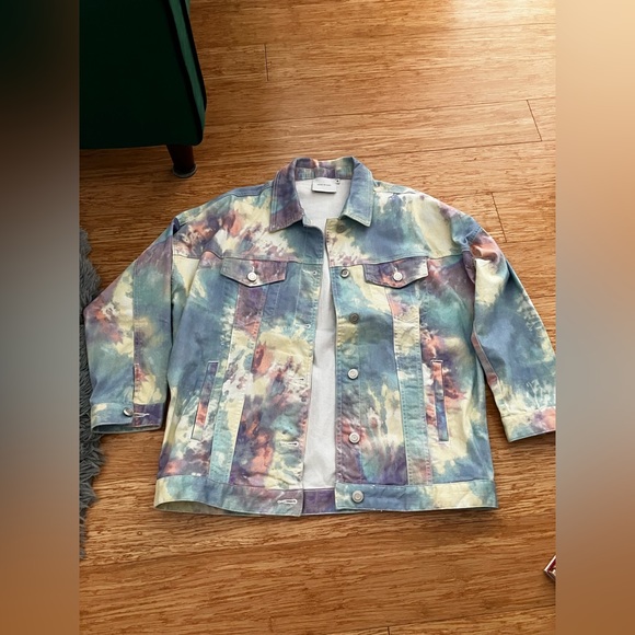 Digitally printed rainbow tie dye stretch denim jacket by Which We Want - Picture 1 of 9